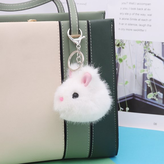 Imitation Mink Fluffy Rrabbit Head Keychain for Women bag Car Key Decorations White 14cm