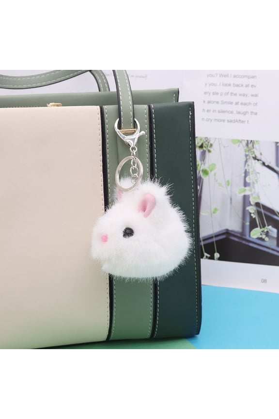 Imitation Mink Fluffy Rrabbit Head Keychain for Women bag Car Key Decorations White 14cm