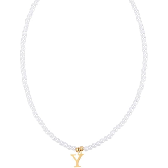 Imitation Pearl Initial Necklace for Women 16"with 2"extender Golden Dainty Stainless A-Z Pearl Chain Necklace Personalized Monogram Name Necklace for Women Trendy White