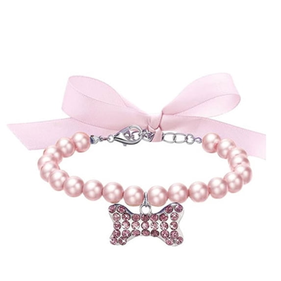 Imitation Pearl Pet Necklace with Heart Charm and Gemstone Bow, Chic Jewelry Collar Accessory for Small to Large Dogs and Cats, Elegant Ribbon Bowknot Neck Chain Jewelry, Pink