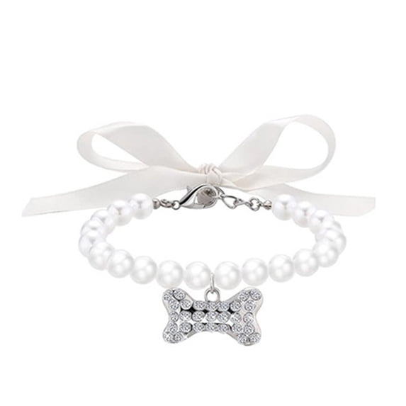 Imitation Pearl Pet Necklace with Heart Charm and Gemstone Bow, Chic Jewelry Collar Accessory for Small to Large Dogs and Cats, Elegant Ribbon Bowknot Neck Chain Jewelry, White