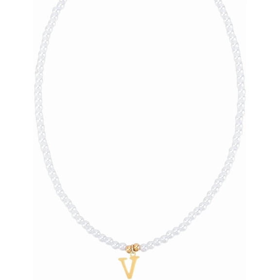 Imitation Pearl with Stainless Steel Pendants Necklaces Lead Free & Nickel Free & Cadmium Free Letter Letter V 15.83~16.22 inch(40.2~41.2cm) end extender: 48~51mm long pendants: 12.5x10.5mm