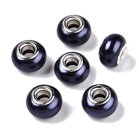 Imitation Pearl style Resin European Beads Large Hole Rondelle Beads with Silver Tone Brass Double Cores Midnight Blue 13.5x9mm Hole: 5mm