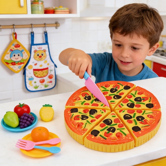 Imitation Pizza Bread Cutting Toy, Yellow Plastic Pizza Cake Toy, 6.6 Inch Kids Kitchen Cooking Puzzle, Play House Pretend Food and Educational Cutting Toy