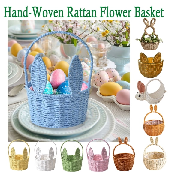 Imitation Rattan Bunny Basket with Handle, Woven Rabbit Ear Storage Basket for Flower Arranging, Fruit Harvest and Picnic Use, Decorative Easter Basket for Spring Home Styling and Party, HAODEJW