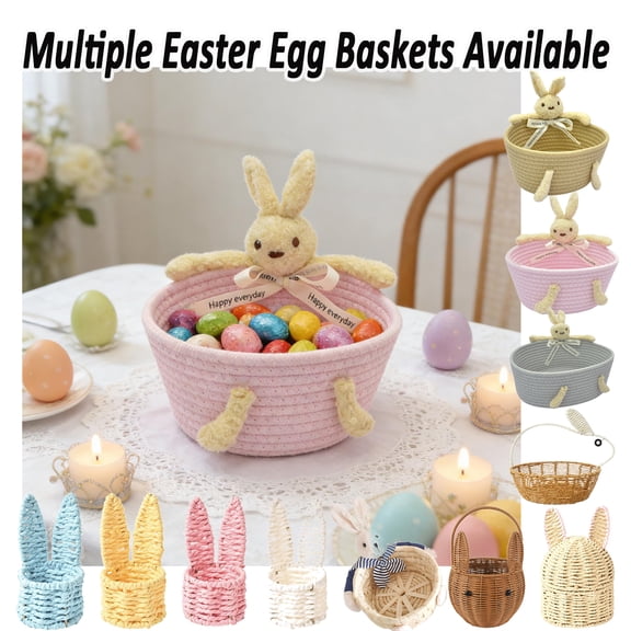 Imitation Rattan Bunny Weaving Basket with Chick and Rabbit Accents, Easter Egg Storage Basket, Handheld Flower Gift Basket for Home Decor, Spring Seasonal Display, HAODEJW