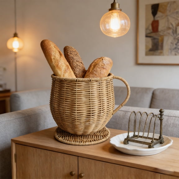 Imitation Rattan Coffee Cup Storage Basket with Handle and Base, Decorative Woven Organizer for Coffee Bar Countertop, Multi-Purpose Basket for Kitchen, Living Room, Entryway, Tray for Small Items