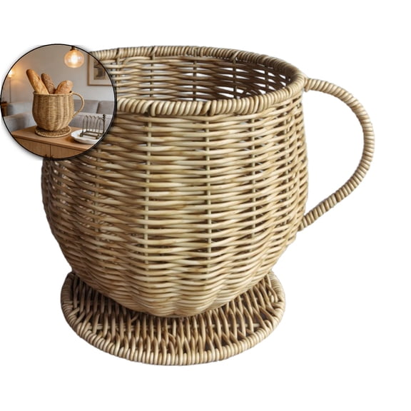 Imitation Rattan Coffee Cup Storage Basket with Handle & Saucer – Woven Mug-Shaped Organizer for Coffee Pods, Sugar Packets & Tea Bags (7 Inch)