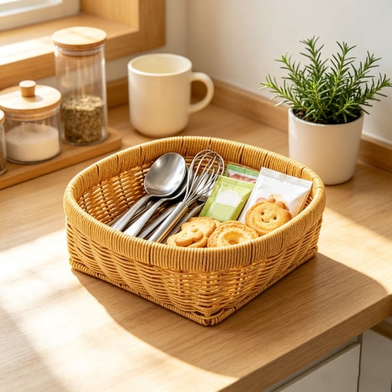 Imitation Rattan Hand Woven Fruit Basket, Multipurpose Storage Tray for Produce Snacks Dry Goods, Rustic Serving Basket and Organizer for Kitchen Counter Dining Table Display, Yellow, Medium