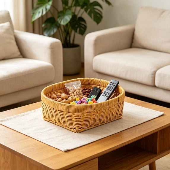 Imitation Rattan Hand Woven Fruit Basket, Multipurpose Storage Tray for Produce Snacks Dry Goods, Rustic Serving Basket and Organizer for Kitchen Counter Dining Table Display, Yellow, Small
