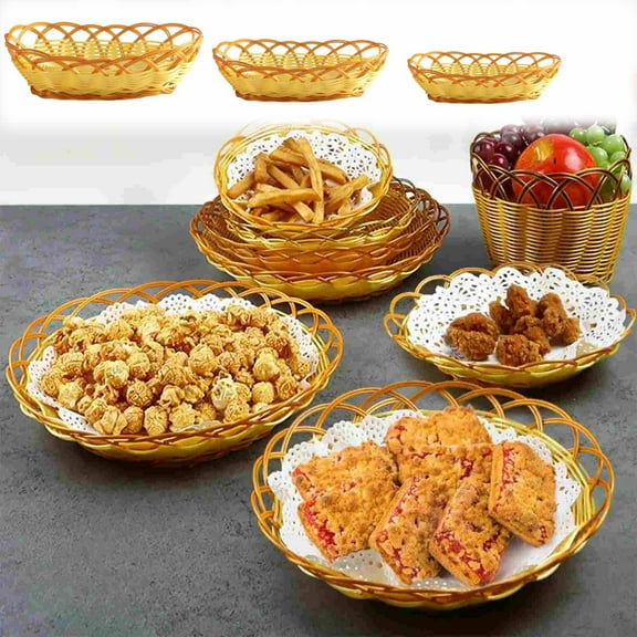 Imitation Rattan Plastic Snack Basket | Hand-Woven Look | Durable Raised Base | Yellow | Impact-Resistant Storage & Serving Tray | Fruit Popcorn Organizer | 1 Pc | 22x16x5cm, 24x17x5cm, 26x18x6cm