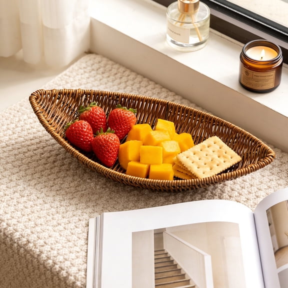 Imitation Rattan Plastic Storage Tray, Handwoven Fruit Vegetable Snack Bread Basket, Multifunctional Organizer for Kitchen Pantry Countertop Display, Durable and Easy to Clean, 14.17 x 7.09 x 2 in