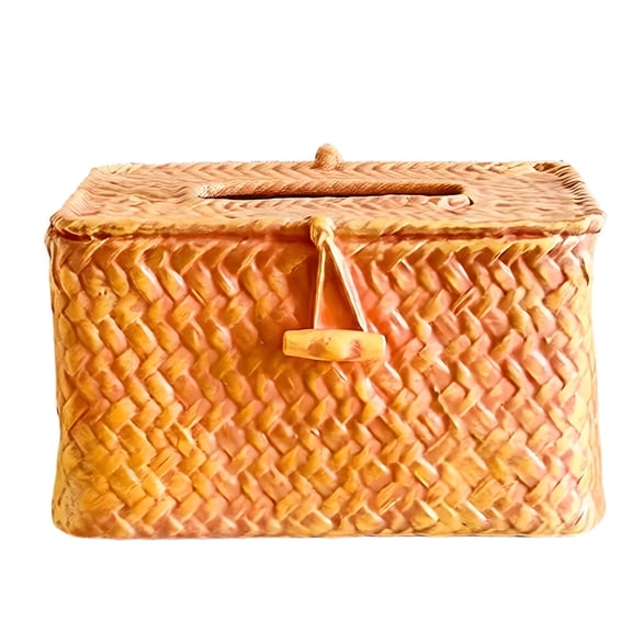 Imitation Rattan Tissue Box, Yellow Rectangular Napkin Dispenser with Buckle, Decorative Rattan Storage Case for Home Living Room, Bedroom, Bathroom Vanity Decor, 3.5 x 6.3 x 4.7 in / 9 x 16 x 12 cm