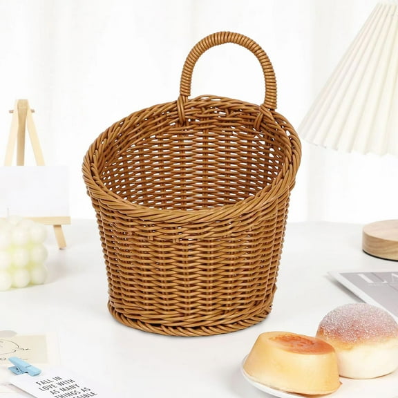 Imitation Rattan Wall Basket, Decorative Hanging Basket, Wall-Mounted Storage Basket, Handwoven Cylinder Designs with Curved Handle for Kitchen Storage & Decorative Display