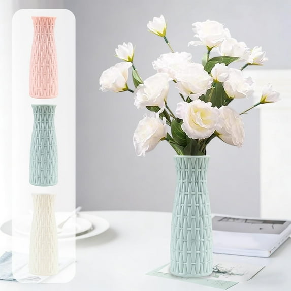 Imitation Rattan Woven Plastic Vase - Multi-Purpose Container for Dry/Fresh Flower Arrangements, Shatterproof Faux Porcelain Glaze Decorative Vase, Durable Home Office Desktop Decor, 8.3*3in, Pink