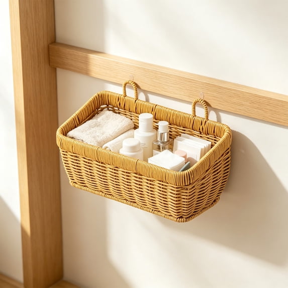 Imitation Rattan Woven Small Storage Baskets for Organizing, Wall Hanging Imitation Wicker Basket for over Toilet Storage Shelf, Home Decor, Living Room