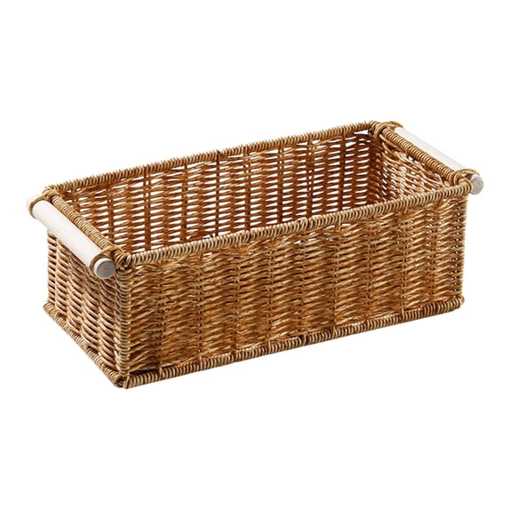 Imitation Rattan Woven Storage Basket Bathroom Storage Baskets Long Narrow Organizer Decorative for Organizing for Vanity Bar Coffee Table Kitchen Pantry Garden, Brown-L