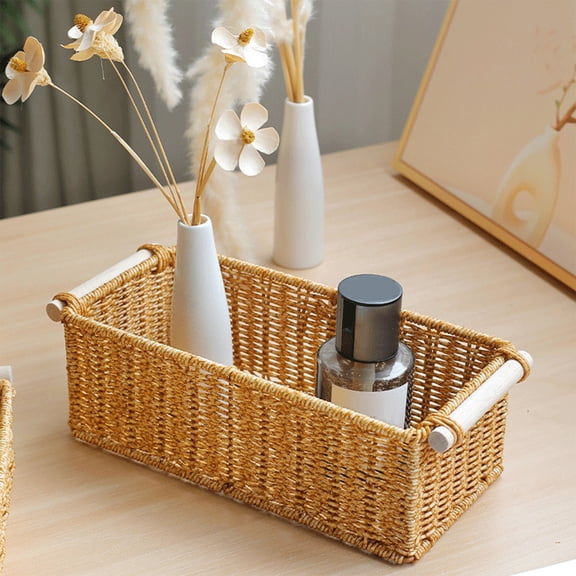 Imitation Rattan Woven Storage Basket Toilet Tank Topper Bins Bathroom Storage Baskets Long Narrow Organizer Decorative for Organizing for Vanity Bar Coffee Table