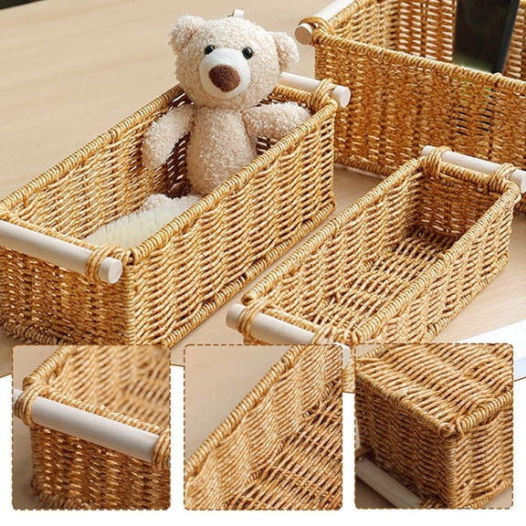 Vensio-Imitation Rattan Woven Storage Basket with Wooden Handles Rectangular Plastic Wicker Bin for Kitchen Shelves