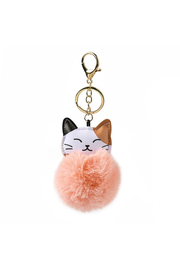 Imitation Rex Rabbit Fur Ball & PU Leather Cat Pendant Keychain with Alloy Clasp for Bag Car Pendant Decoration Light Salmon 16cm