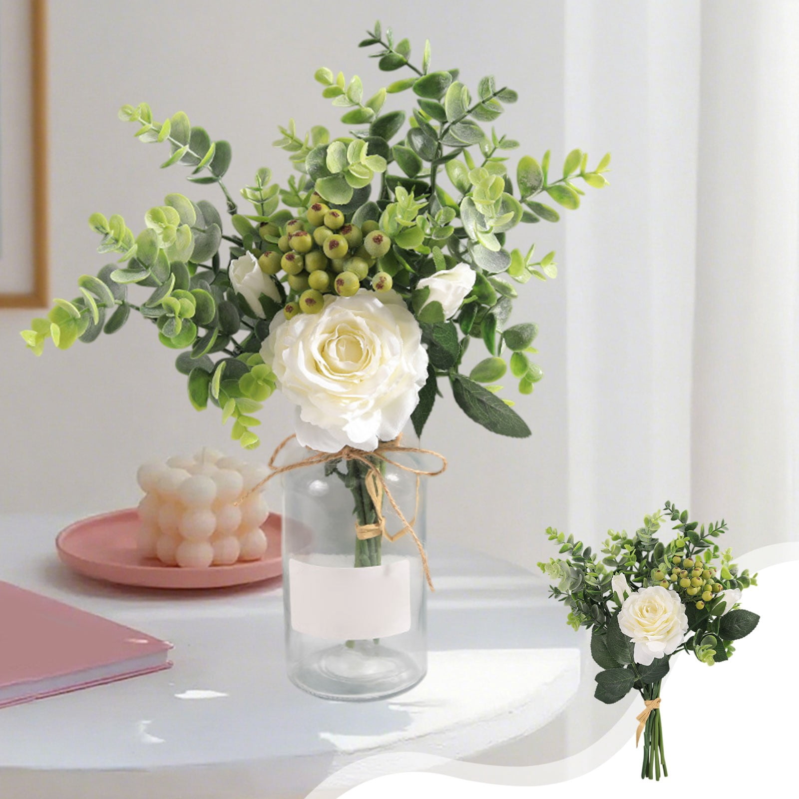 Withe Plastic Roses Imitation Rose Bouquet, Silk Flower Arrangement with Realistic Look ...