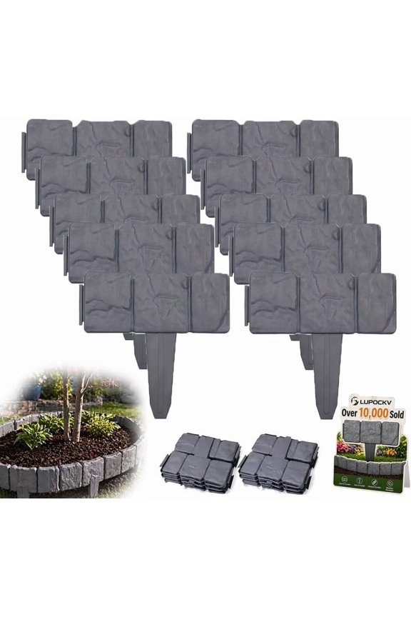Imitation Stone Garden Edging Border, Cobbled Stone Effect Interlocking Panels | For Flower Bed, Lawn, Yard, Path Outdoor Landscape Decor - grey, 10-pack
