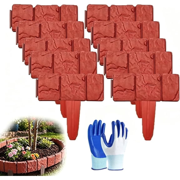 Imitation Stone Garden Fence,9 X 9.8 Inch Plastic Retaining Fences, Flexible Interlocking Landscape Edging,No Tools Needed for Plant Beds, Easy to Install and Expand (Red,10pcs)