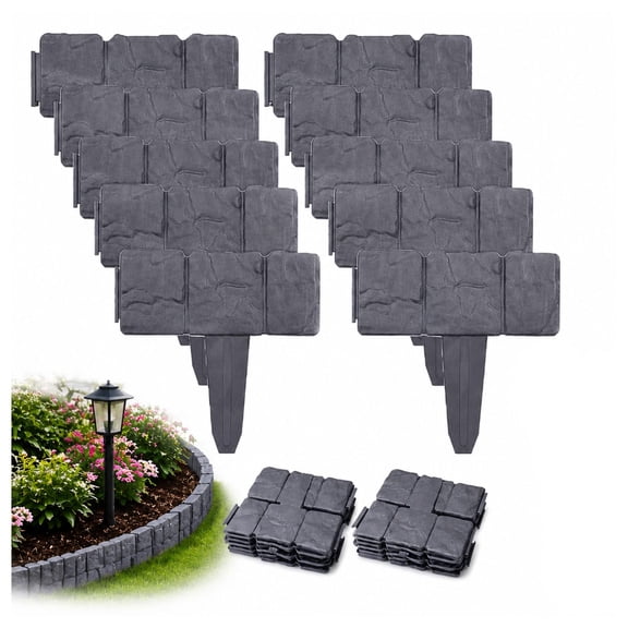 Imitation Stone Garden Fence Borders, Pack of 20 Plastic Interlocking Edging Panels with Cobbled Effect for Landscape and Flower Bed
