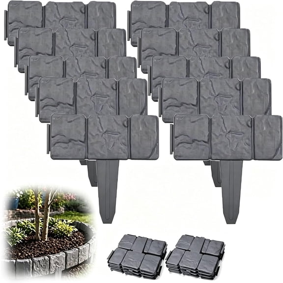 Imitation Stone Garden Fence, Cobbled Effect Landscape Decor Interlocking Decorative, Plastic Retaining Edging Border for Landscaping, Flower Beds, Paths, Lawns