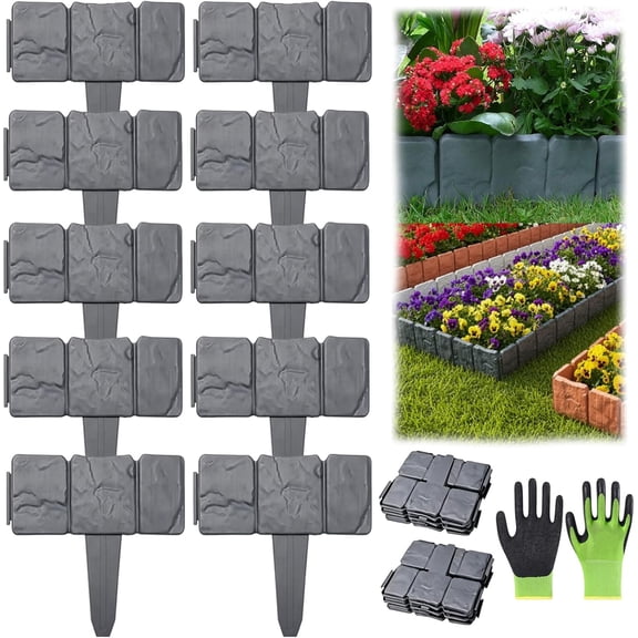 Imitation Stone Garden Fence – DIY Garden Edging Borde, Garden Edging Border No Dig, Faux Stone Edging for Landscaping, 4 in Tall-Plastic Stone Effect for Outdoor Garden Landscaping (Grey, 10Pcs)