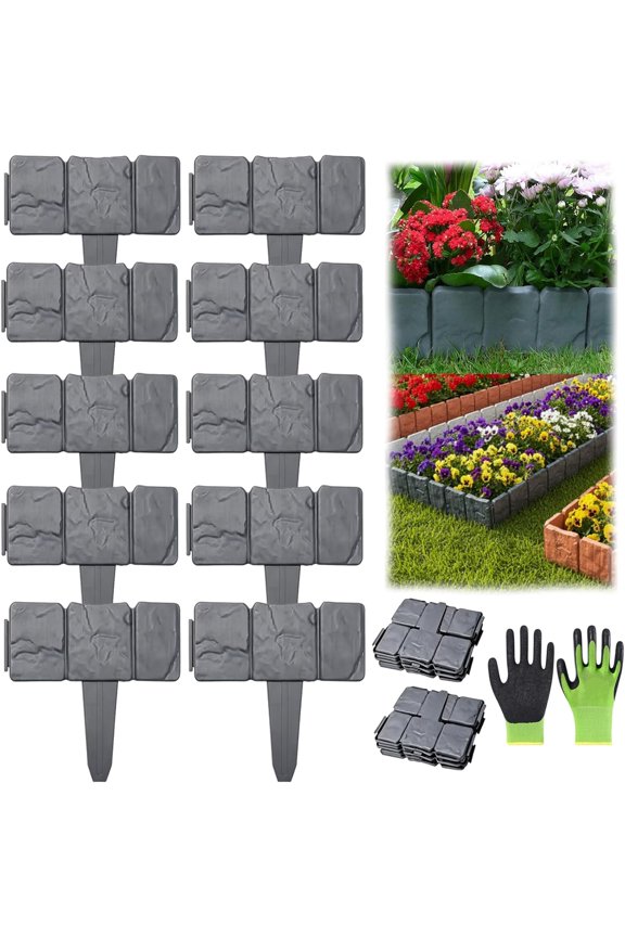Imitation Stone Garden Fence – DIY Garden Edging Borde, Garden Edging Border No Dig, Faux Stone Edging for Landscaping, 4 in Tall-Plastic Stone Effect for Outdoor Garden Landscaping (Grey, 10Pcs)