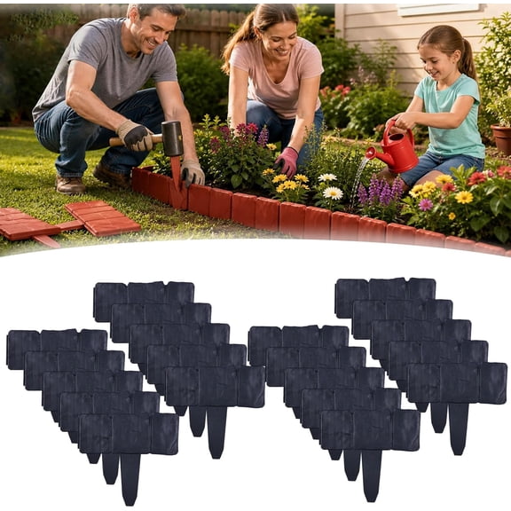 Imitation Stone Garden Fence - DIY Garden Edging Border, Decorative Landscape Edging Interlocking Plastic Lawn for Flower Bed, Pathway, DIY Outdoor Yard Decor, Weather Resistant (20, Black)