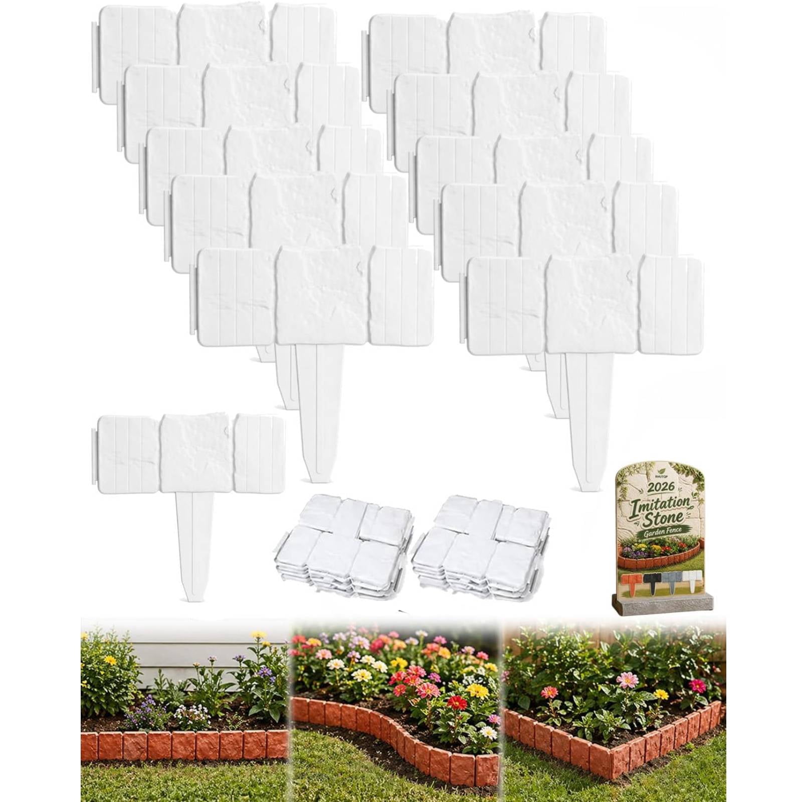 Imitation Stone Garden Fence - DIY Garden Edging Border, Weatherproof Plastic Cobbled Effect Landscape Decor, Decorative Flower Bed Fence for Landscaping, Path Lawn(White,20pcs)