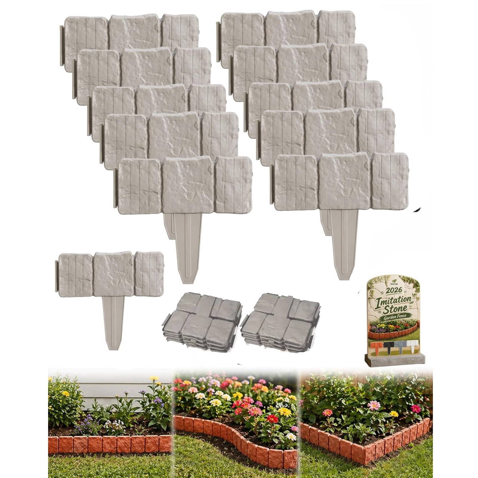Imitation Stone Garden Fence - DIY Garden Edging Border, Weatherproof Plastic Cobbled Effect Landscape Decor, Decorative Flower Bed Fence for Landscaping, Path Lawn(Gray,10pcs)
