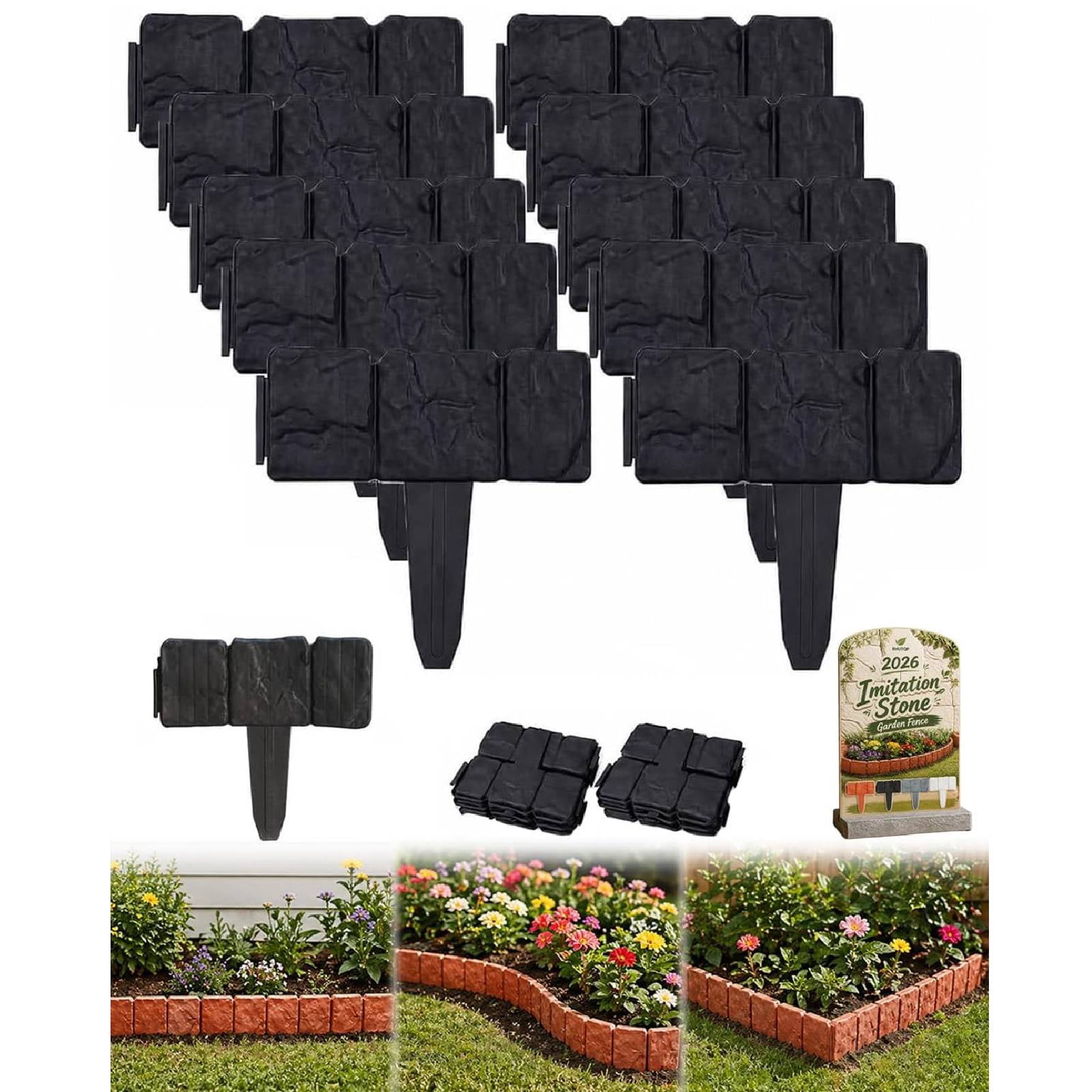 Imitation Stone Garden Fence - DIY Garden Edging Border, Weatherproof Plastic Cobbled Effect Landscape Decor, Decorative Flower Bed Fence for Landscaping, Path Lawn(Black,20pcs)