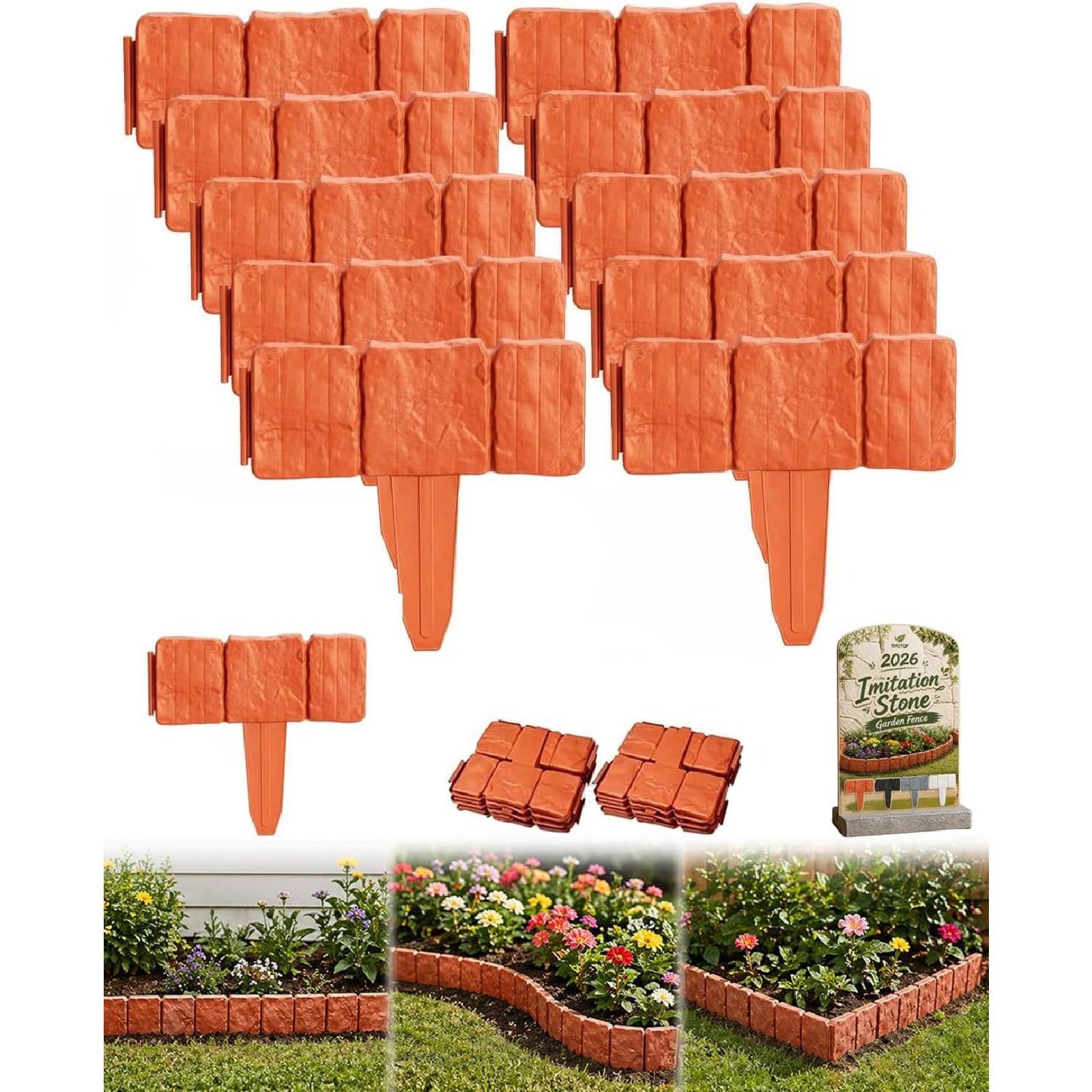 Imitation Stone Garden Fence - DIY Garden Edging Border, Weatherproof Plastic Cobbled Effect Landscape Decor, Decorative Flower Bed Fence for Landscaping, Path Lawn(Red,20pcs)