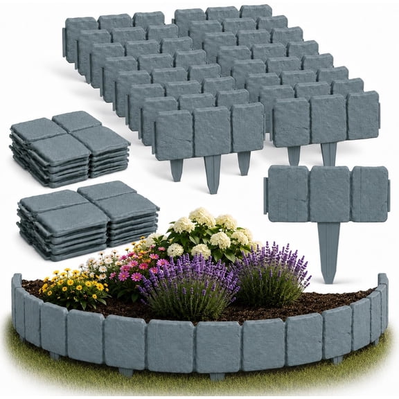 Imitation Stone Garden Fence No Dig Landscape Edging Faux Stone Garden Border Plastic Pound in Edging for Landscaping Flower Beds Yard Decorative Artificial Rock Edgers Bricks (40, Grey)