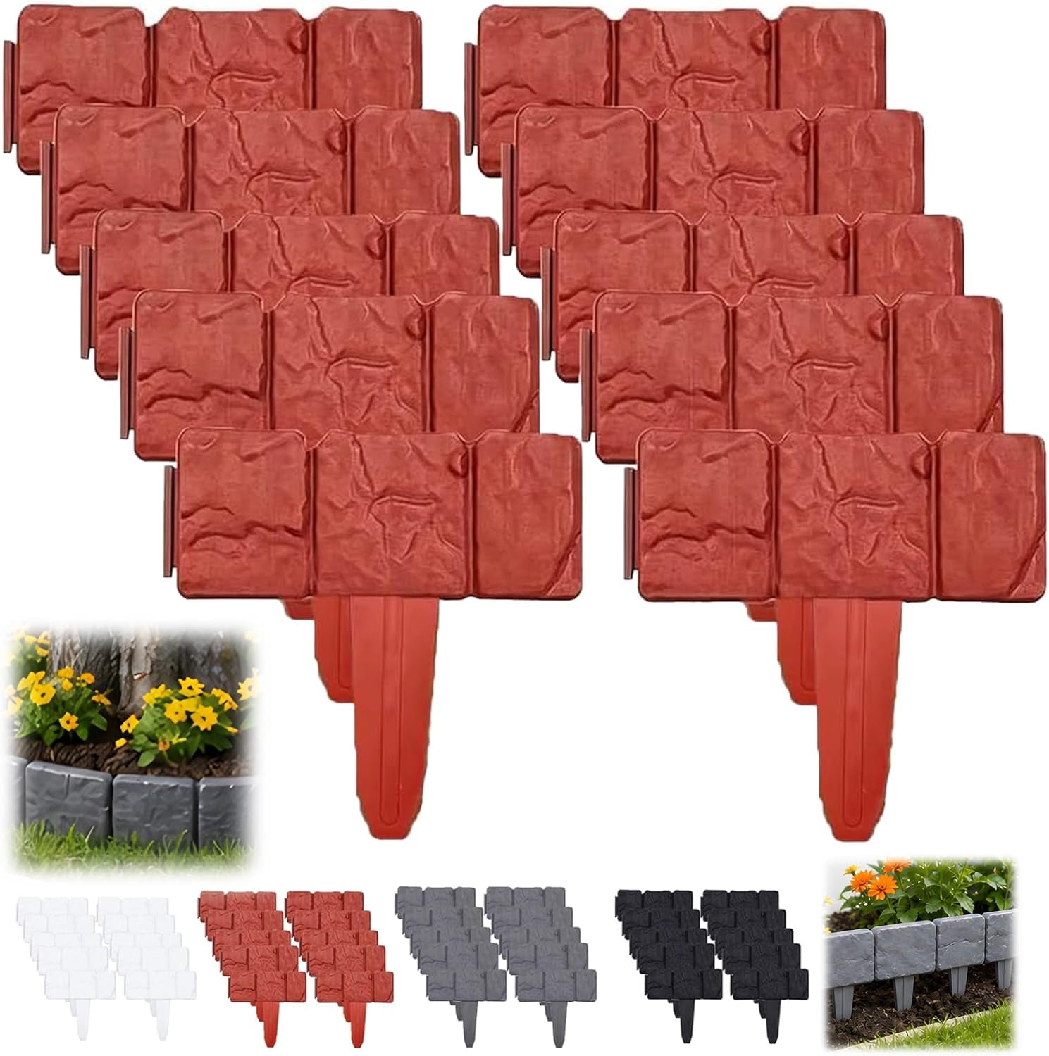 Imitation Stone Garden Fence No Dig Landscape Edging Faux Stone Garden Border Plastic Pound in Edging for Landscaping Flower Beds Yard Decorative Artificial Rock Edgers Bricks