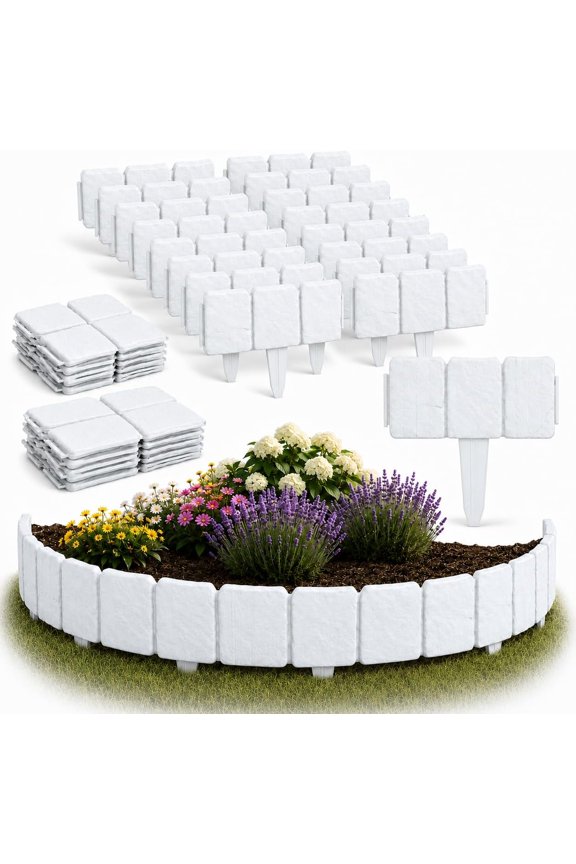 Imitation Stone Garden Fence No Dig Landscape Edging Faux Stone Garden Border Plastic Pound in Edging for Landscaping Flower Beds Yard Decorative Artificial Rock Edgers Bricks (40, White)