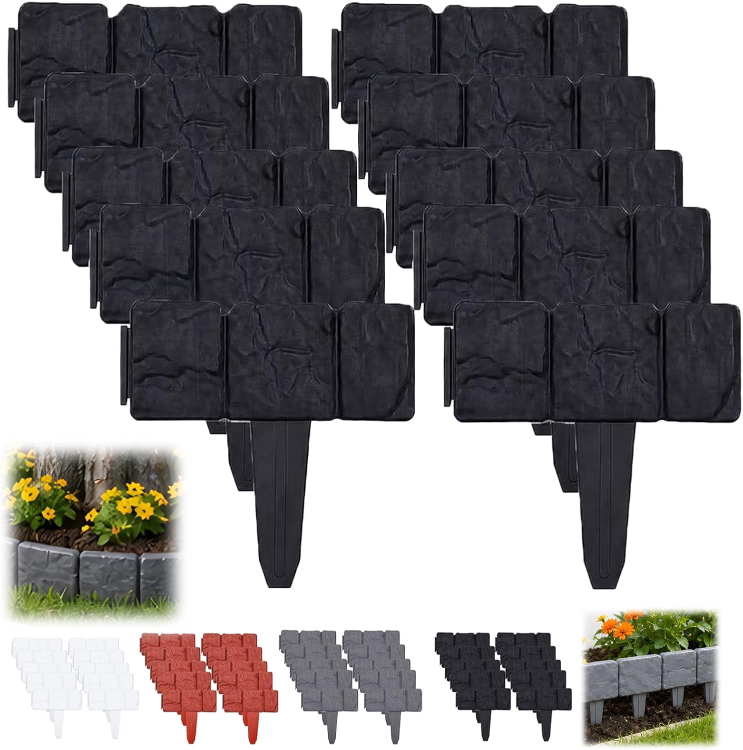 Imitation Stone Garden Fence No Dig Landscape Edging Faux Stone Garden Border Plastic Pound in Edging for Landscaping Flower Beds Yard Decorative Artificial Rock Edgers Bricks