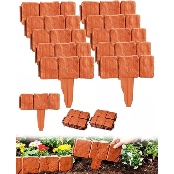 Imitation Stone Garden Fence, No Dig Landscape Edging, Faux Stone Garden Border, Plastic Pound in Edging for Landscaping Flower Beds, Yard Decorative Artificial Rock