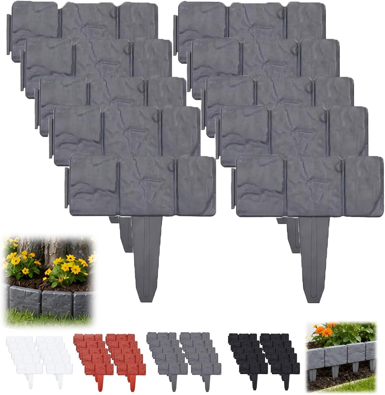 Imitation Stone Garden Fence No Dig Landscape Edging Faux Stone Garden Border Plastic Pound in Edging for Landscaping Flower Beds Yard Decorative Artificial Rock Edgers Bricks