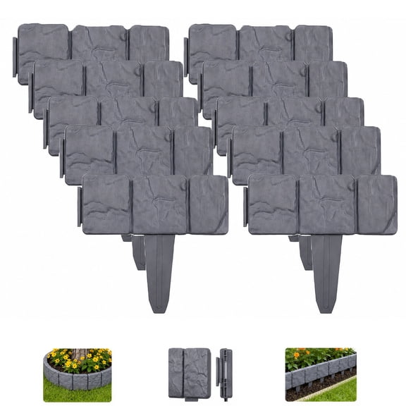 Imitation Stone Garden Fence No Dig Landscape Edging, Faux Stone Plastic Pound-In Garden Border for Landscaping, Flower Beds, Yard Decor and Artificial Rock Edgers