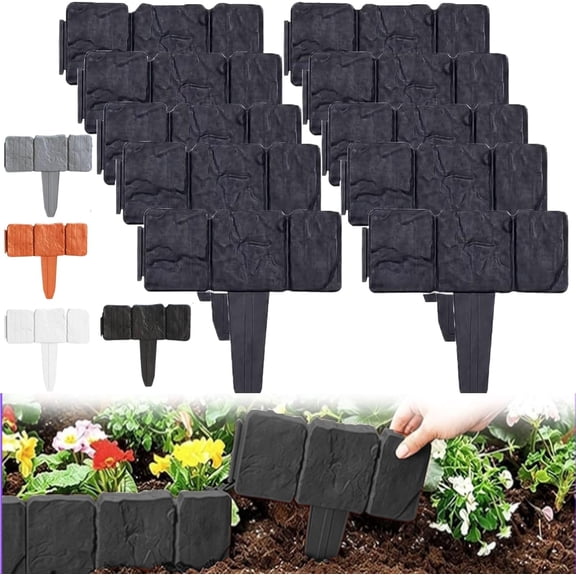Imitation Stone Garden Fence, No Dig Plastic Retaining Edging Border Grey Cobbled Effect for Flower Beds DIY Outdoor Patio Balcony Yard Landscaping (Black 20 PCS)