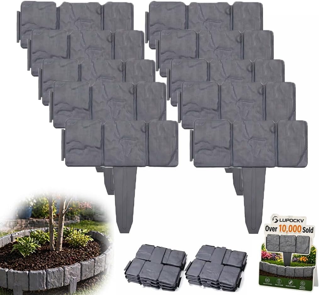 Imitation Stone Garden Fence - Diy Garden Edging Border, Gray Stone Effect Plastic Garden Edging Fence