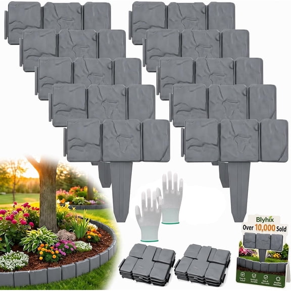 Imitation Stone Garden Fence Edging - Decorative Plastic Border for Landscape, Flower Bed, and Lawn Retaining Wall Gray 10pcs