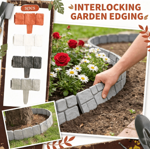 Imitation Stone Garden Fence, Grey Cobbled Plastic Retaining Edging Border, Interlocking Decorative Panels for Outdoor Lawn, Flower Bed, Path, Yard (10-Piece)