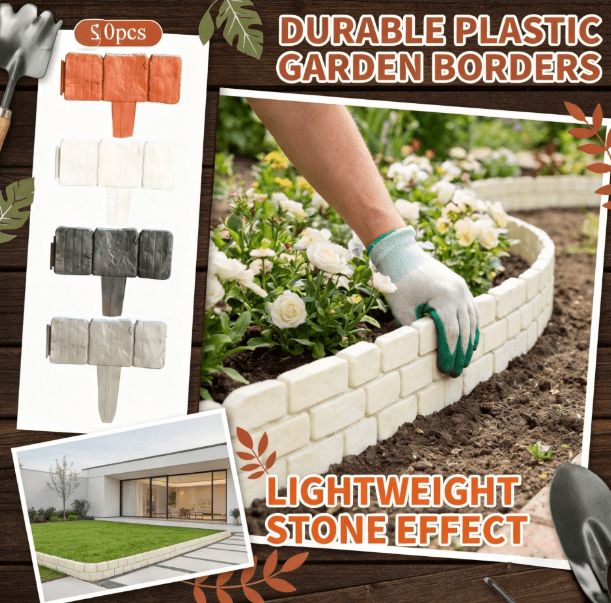 Imitation Stone Garden Fence, Interlocking Decorative Panels, Grey Cobbled Plastic Retaining Edging Border for Flower Bed, Path, Lawn, Outdoor Yard (10-Piece)