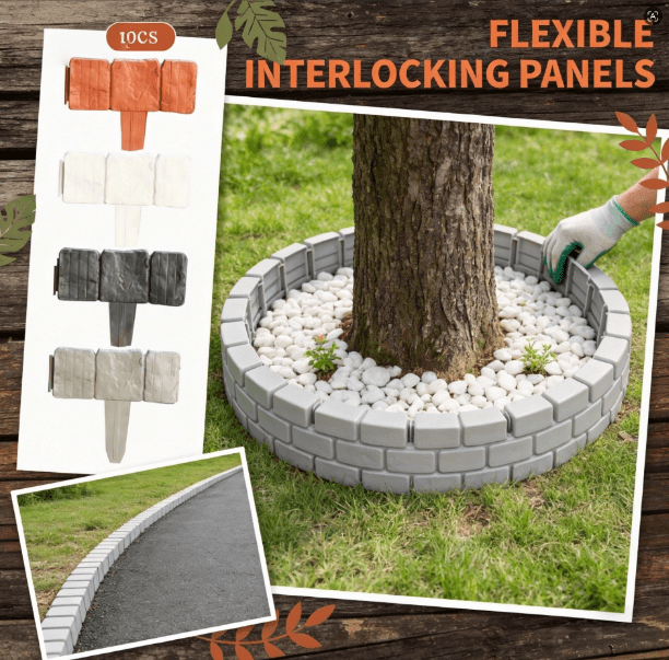 Imitation Stone Garden Fence, Interlocking Plastic Retaining Edging, Grey Cobbled Effect Decorative Panels for Flower Bed, Path, Lawn, Outdoor Yard (10-Piece)