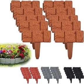 Imitation Stone Garden Fence, Landscape Edging Border Faux Stone Garden Edging Border Plastic Pound in Edging for Landscaping Flower Beds Yard Decorative Artificial Rock Edgers Bricks (10, Red)